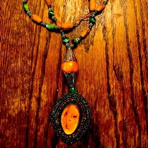 Beaded Amber Pendant Necklace